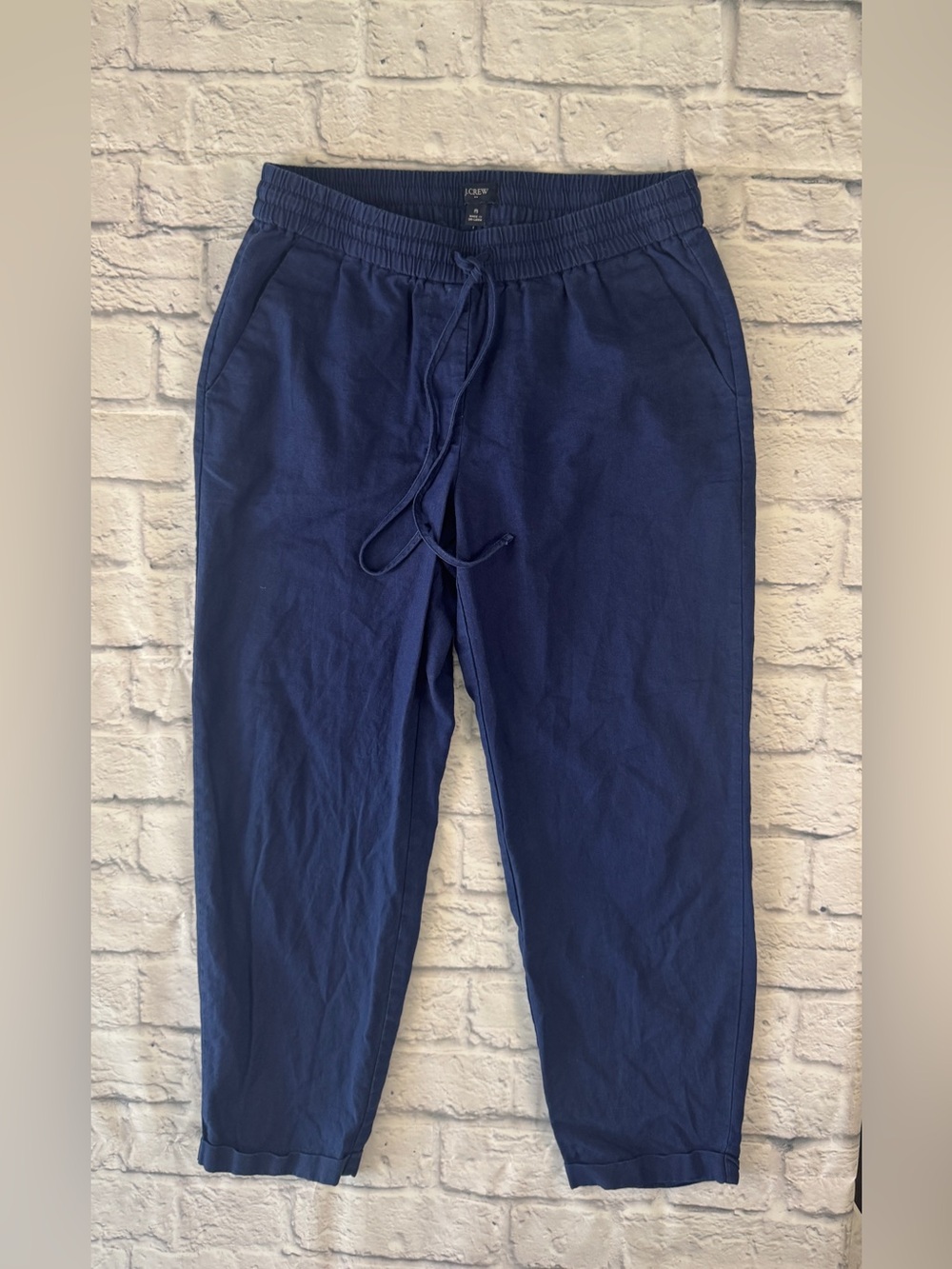 J. Crew Linen Blend Cropped Pants Size 8 Blue Drawstring Elastic Waist Coastal